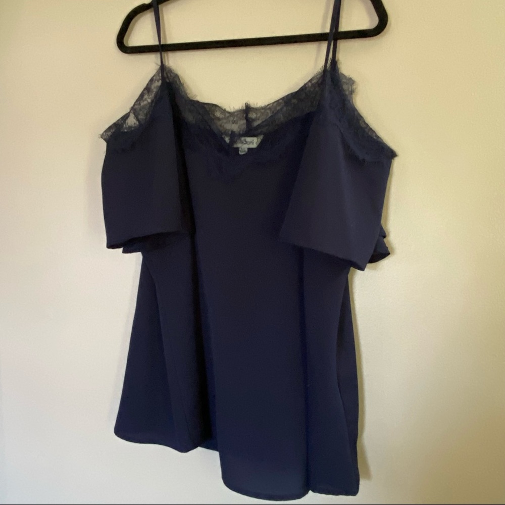 Chic Soul Plus Size Off the Shoulder Navy Blue Blouse with Lace Trim
